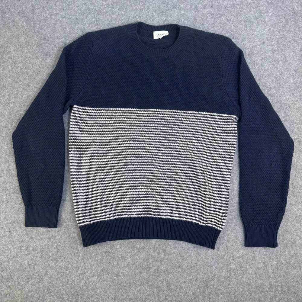 Octobre Editions Mens Navy Striped Cotton Waffle Knit Sweater Large O241PUL021B
